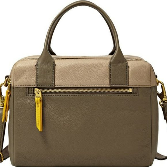 FOSSIL Erin Colourblocked Satchel Leather Khaki Beige Double Zip Carry Bag - Picture 3 of 15